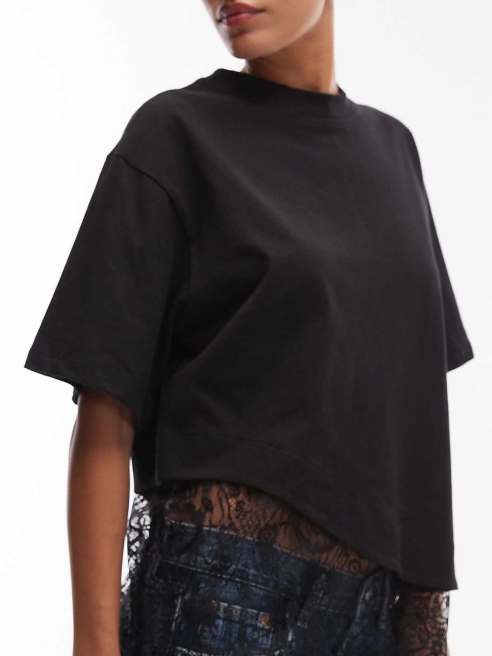 ASOS Black Crewneck Top with Lace Hem
